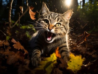 Playful cat batting at falling autumn leaves in a sunlit garden