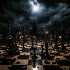 View of dramatic and surreal chess pieces with dark colors - obrazy, fototapety, plakaty