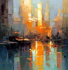 Abstract oil painting of a city showing bright colours, style of light aquamarine and light amber, pixelated, palette knife thick oil paint. Good as a poster for wall decor or interior.