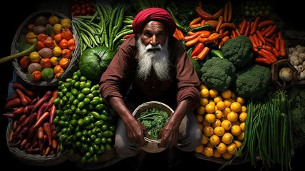 Poster bright Portrait indian salesman of shopkeepers sitting in their shops on market with vegetables and spices AI © yana136