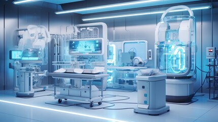 A high-tech medical lab with advanced equipment and a sterile, organized layout.