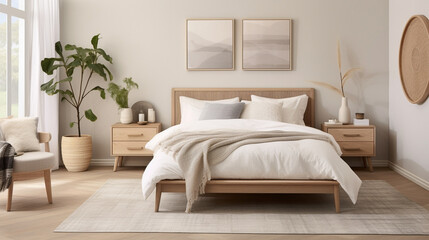 A Scandinavian-inspired bedroom with a wooden bedframe, adorned with a neutral-toned, textured bedspread, exuding a sense of serenity and modernity