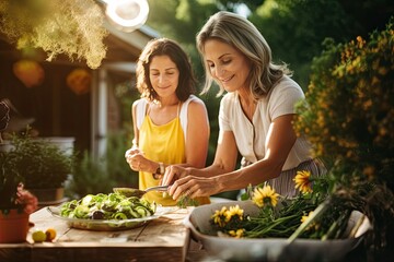 A happy family moment in the kitchen, with a mother and daughter preparing a healthy meal together, showcasing love and togetherness.