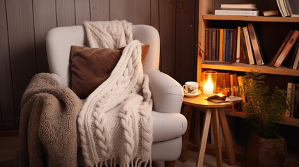 Fototapeta na wymiar A reading corner with a cozy armchair and a knitted, cable-patterned blanket, a perfect spot for curling up with a good book on a chilly day