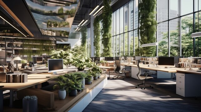 A high-tech office space with smart workstations and a focus on sustainable design.