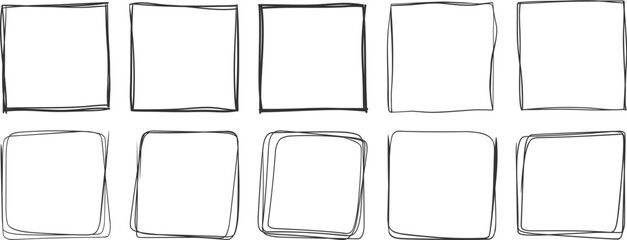 Rectangle doodle frame set. Doodle hand drawn wavy curve deformed textured frames. Border sketch. Vector illustration on a white background - obrazy, fototapety, plakaty