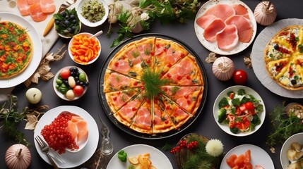 A holiday brunch buffet featuring a colorful array of dishes, from smoked salmon platters to quiches, ensuring a memorable and hearty Christmas morning. - obrazy, fototapety, plakaty