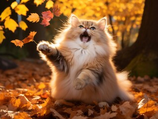 Naklejka na ściany i meble Playful cat batting at falling autumn leaves in a sunlit garden