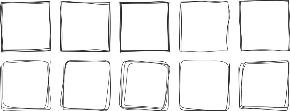 Rectangle doodle frame set. Doodle hand drawn wavy curve deformed textured frames. Border sketch. Vector illustration on a white background