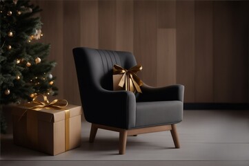 Armchair and presents isolated in a minimalist interior with a Christmas tree, generative AI