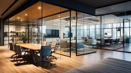 A legal office with a modern twist, featuring glass walls and open collaboration areas.