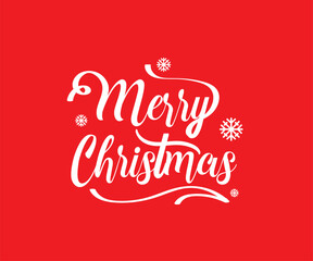 Fototapeta na wymiar Merry Christmas, handwritten lettering. White text with snowflakes is isolated on a red background. Christmas holiday typography. Vector illustration.