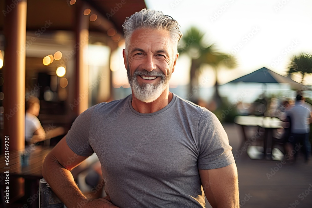 Wall mural A happy and healthy senior man, enjoying the outdoors with a cheerful smile and a relaxed, active lifestyle.