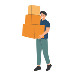 Delivery man. Cartoon character with cartons, box isolated on white background. Concept for online shop or e-shop.
