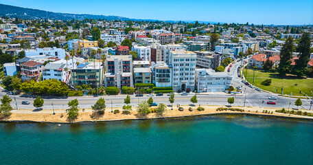 Gorgeous summer aerial of Oakland residential area with Lake Merritt shoreline