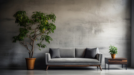 Pay attention to the composition of the image. Ensure that the sofa and plant are the main subjects and that the concrete wall serves as a backdrop. Use the rule of thirds or other composition techniq
