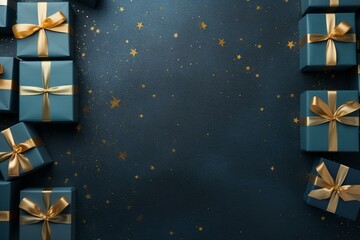 Neatly organized presents create a grid on a stylish gold and blue festive backdrop, with room for text. Generative AI