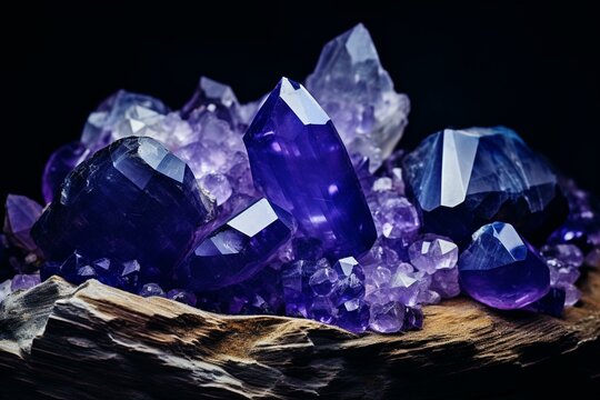 Rough blue sapphire and diamond gemstones with raw amethyst and tanzanite crystals on a dark background. Generative AI