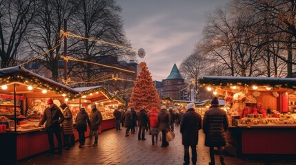 A panoramic view of a bustling Christmas market, with stalls selling various seasonal treats, from...