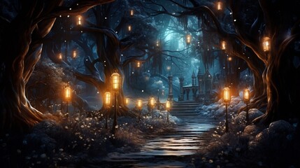 A peaceful winter forest with a hidden pathway illuminated by lanterns, inviting a magical adventure