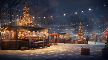 A picturesque outdoor ice skating rink surrounded by festive food trucks offering warm pretzels, hot chocolate, and roasted chestnuts on a snowy Christmas evening. - obrazy, fototapety, plakaty