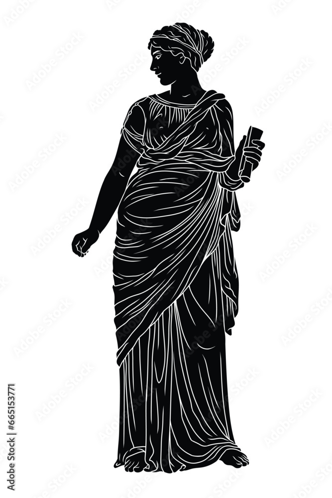 Wall mural An ancient Greek young woman in a tunic stands and holds a papyrus scroll. Drawing isolated on white background