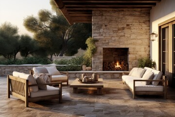 Tuscan Outdoor Patio Lounge: Rustic Stone Fireplace, Comfy Cushioned Seating, Overhead Wooden Beam, Serene Dusk Sky, and Olive Trees in Background - obrazy, fototapety, plakaty