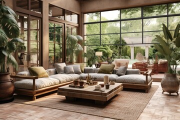 Jungle Tropical Oasis Living Room: Sunlit Panoramic Windows, Lush Greenery, Earth-Toned Seating Arrangements, Wooden Coffee Table, and Ceramic Decor