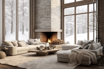 Soft Minimalist Winter Retreat Living Room: Cozy Fireplace, Panoramic Snow-Covered View, White Cushion Sofas, and Soft Ambient Lighting