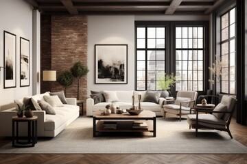 Refined Urban Farmhouse Loft Living Space: Neutral Tones, Exposed Brick Wall, Linen White Sofas, Wooden Coffee Table, Large Windows, and Minimalist Art