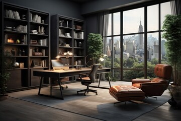 Downtown Workspace Overlooking Cityscape: Wooden Desk, Elegant Bookshelves, Leather Lounge Chair, and Panoramic Windows with Urban View - obrazy, fototapety, plakaty