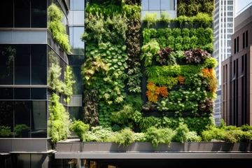 Foto op Aluminium Green architecture. Skyscraper building with plants growing on facade. Vertical green plants growing on tall building wall, bringing life and beauty to the urban environment. Sustainable living wall © vejaa