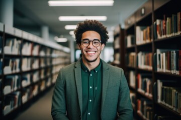Portrait of a young student in a library