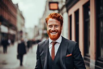 Portrait of a young redhead businessman in the city