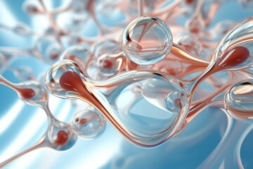 Bubbles of liquid suspended in air, resembling collagen spheres. A concept related to cosmetics. A 3D rendering of a cream molecule. Generative AI