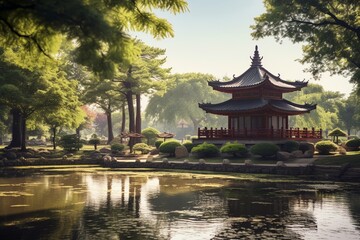 Fototapeta na wymiar Serene park featuring a traditional pagoda. Generative AI
