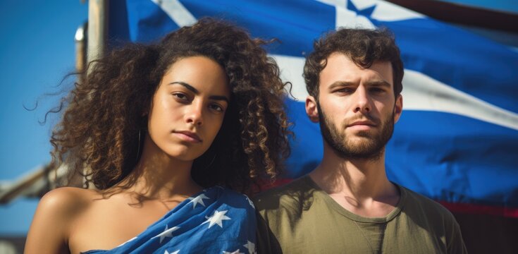 A man and a woman standing in front of a flag. Generative AI.