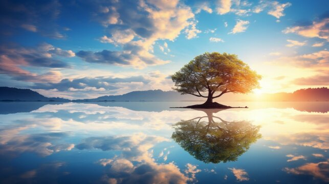 AI generated illustration of a solitary tree reflecting on a tranquil lake at sunset