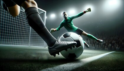 Soccer background concept, football banner with copy space text, foot kicking ball