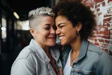 Portrait of a mature lesbian couple sharing a moment on the street