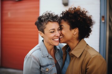 Portrait of a mature lesbian couple sharing a moment on the street