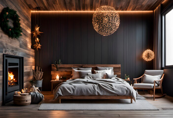 Bedroom interior in scandinavian style with christmas decoration. AI generated.
