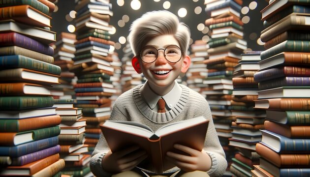 illustration portrait of cute little boy with freckles and glasses reading a book, sitting in stacks of books, school concept background 