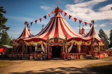 Circus tent against the blue sky with clouds. Circus poster, poster. World Circus Day. Generated by artificial intelligence - obrazy, fototapety, plakaty