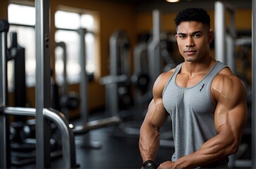 Portrait of handsome mixed race bodybuilder man model flexing his muscles in the gym, bodybuilding and fitness concept background, banner with copy space text 
