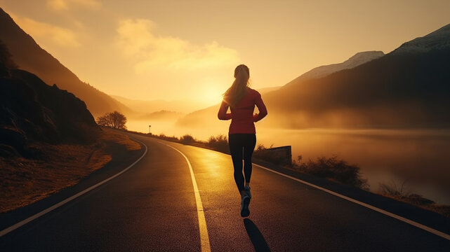 Sporty girl running on the road. Rear view of running fitness girl in sportswear outdoor image with copy space. Young woman jogging on the beautiful mountain road at the morning with sunrise.
