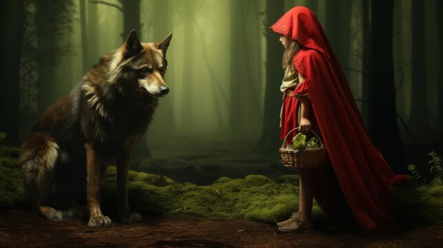 Meeting of Little Red Riding Hood and the wolf
