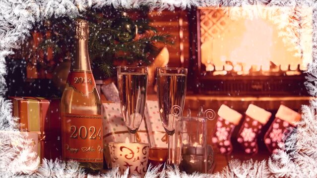 Merry Christmas and Happy New Year. An image with a fireplace, champagne, a New Year tree with toys and gifts.