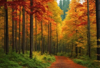 AI generated illustration of a path lined with vibrant yellow autumn trees leading into the distance