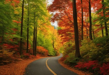 Obraz premium AI generated illustration of a scenic view of a winding road surrounded by vibrant fall foliage